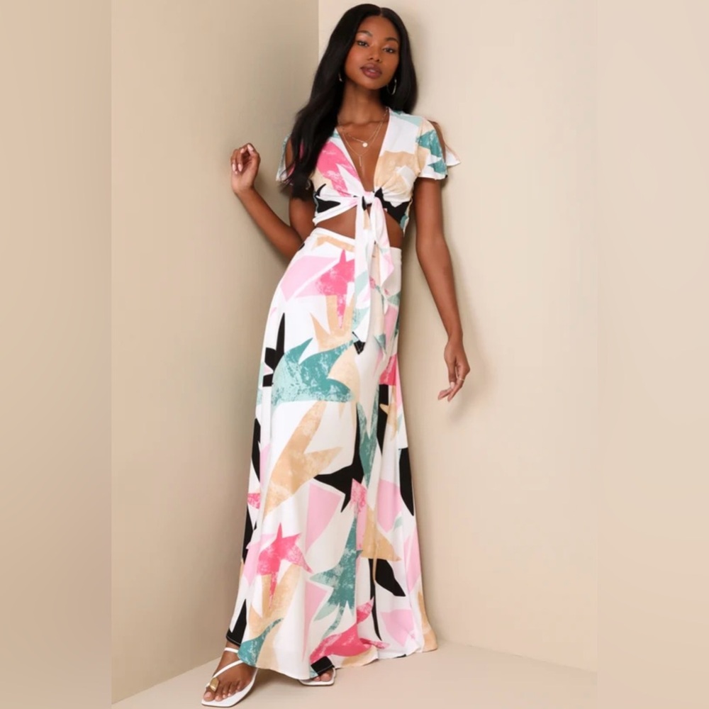 Lulus Daydreaming White Print Two-Piece Maxi Dress